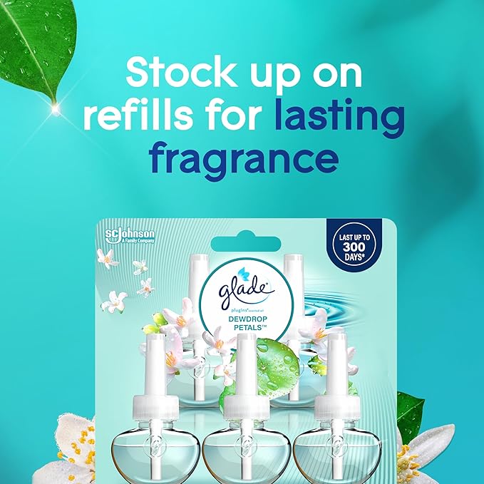 Glade PlugIns Refills Air Freshener, Dewdrop Petals, Scented and Essential Oils for Home and Bathroom, 0.67 Fl Oz, 5 Count