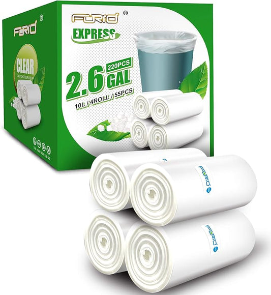 FORID Clear Small Trash Bags, 2.6 Gallon Garbage Bags, Wastebasket Bin Liners 220 Count Plastic Trash Bags for Bathroom Bedroom Office Garbage Can 10 Liters - Durable & Thick Trash Bag
