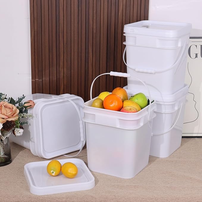 3 Gallon Plastic Bucket with Lid, 4-Pack Square Bucket Pail Food Grade, White