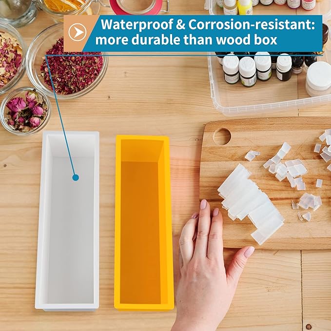 2 Pcs Loaf Soap Mold with Plastic Box, Flexible Silicone Rectangular Mold 42oz, Swirl Making Tool for DIY Soap, Handmade Candles, Resin Casting, Homemade Desserts (Yellow)