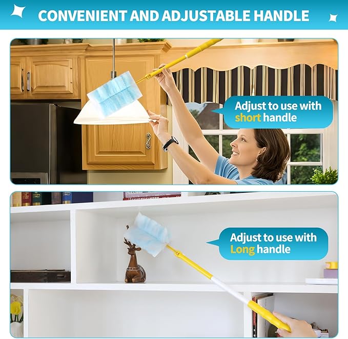 60 Count Microfibre Feather Duster Refills Compatible with Swiffer Dusters, Disposable Static Dust Removal Refills, Multi-Surface Duster with 1 Pcs Retractable Handle(Unscented, Pack of 1)