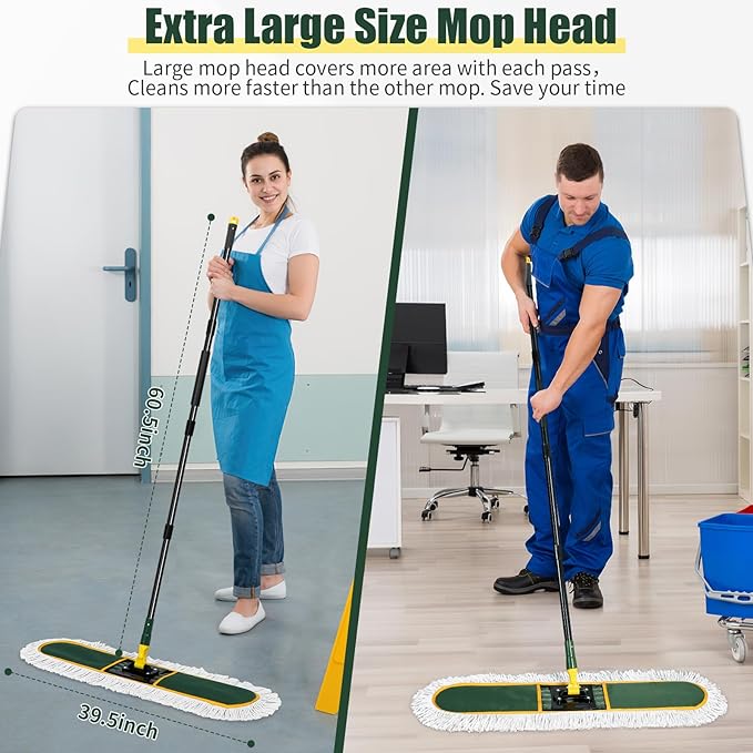 36" Commercial Dust Mop for Floor Cleaning with Replacement Mop Pads, Heavy Duty Industrial Large Floor Wet Dry Mop for Cleaning Office Garage Hardwood Warehouse Factory Mall