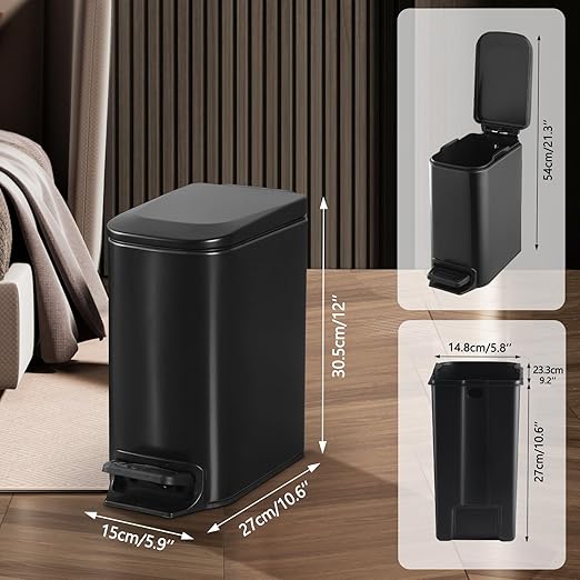 Slim Bathroom Trash Can with Lid Stainless Steel Garbage Can with Removable Inner Bucket Small Wastebasket with Step Pedal for Toilet Office Bedroom (Matte Black, 1.8 Gallons)