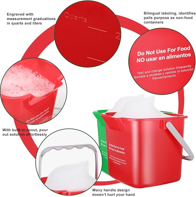 Yaomiao 4 Pcs Cleaning Bucket 3 Quart Small Sanitizing Square Bucket Detergent Pail with Measurements Spout and Handle for Home Commercial Use Restaurant Kitchen Office School (Red, Green)