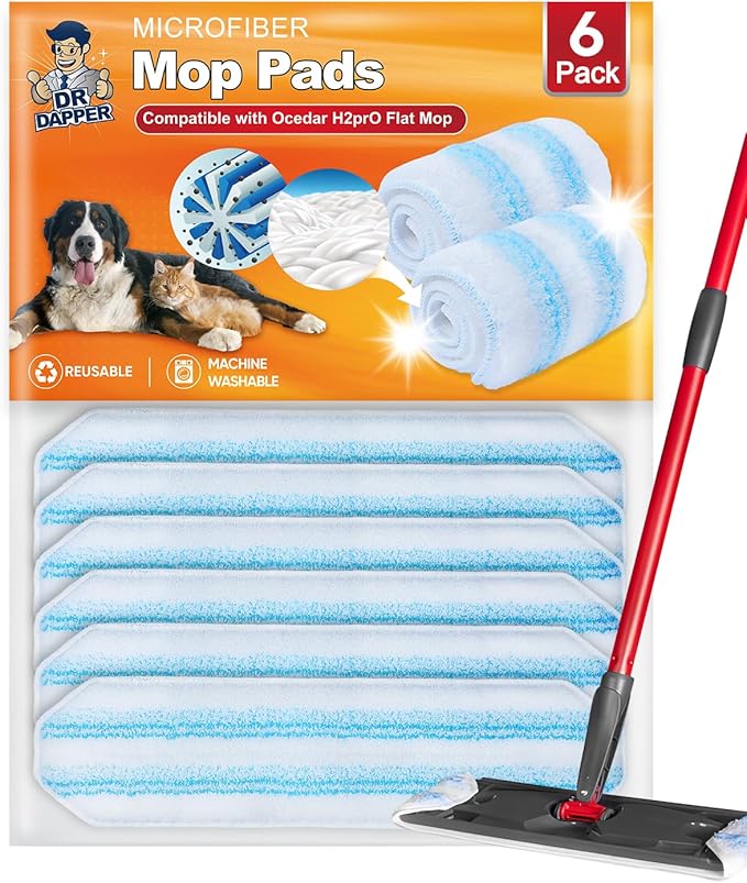 DR DAPPER 6 Pack Microfiber Mop Pads Compatible with O-Cedar H2Pro Flat Mop System, Washable & Reusable Mop Refills, Durable Flat Mop Replacement Pads for All Floor Types