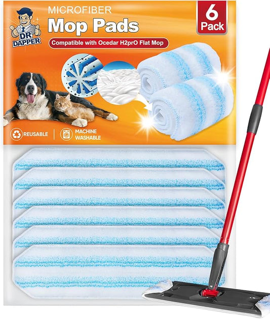 DR DAPPER 6 Pack Microfiber Mop Pads Compatible with O-Cedar H2Pro Flat Mop System, Washable & Reusable Mop Refills, Durable Flat Mop Replacement Pads for All Floor Types