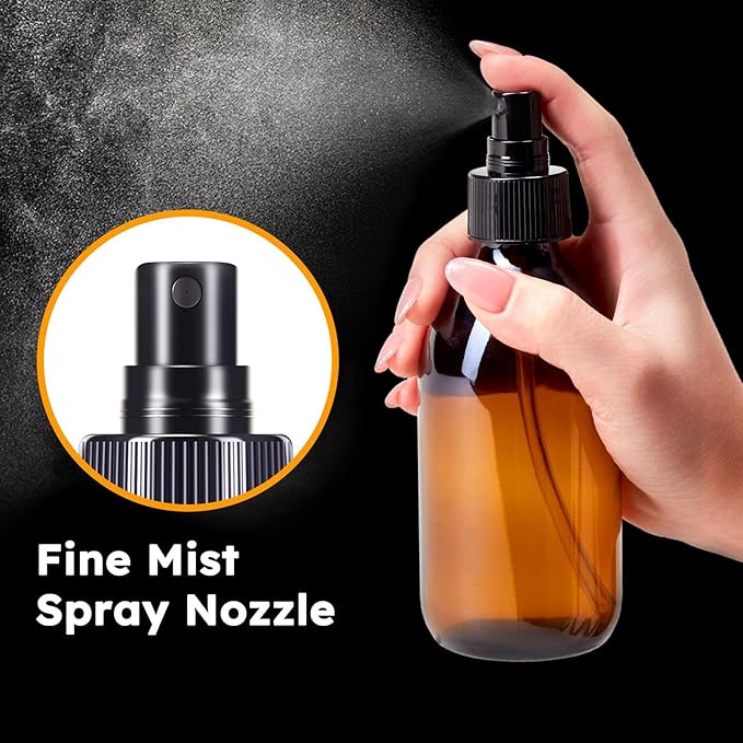Tecohouse Amber Glass Spray Bottles 10.8oz, 2 Pack Empty Spray Bottle for Essential Oils, Small Glass Bottles for Cleaning Solutions, Plants, Hair with Durable Nozzle, Labels, Funnel
