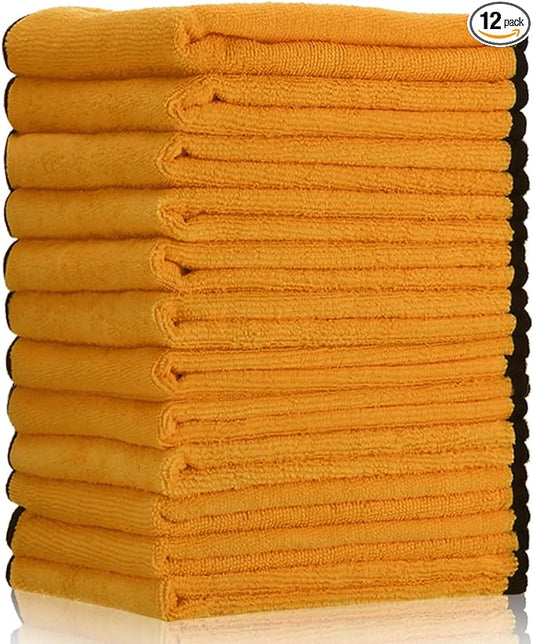 Tallew 12 Pcs Microfiber Towels 16 Inch x 16 Inch Microfiber Cloth Car Drying Towels for Cars Washing Polishing Office Windows Cleaning Household Supplies (Yellow)