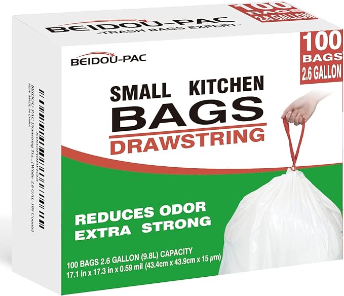 Trash Bags 2.6 Gallon Drawstring, 100 Count, Multifold Roll Garbage Bags, Small Kitchen Trash Bags, Odorless & Extra Thick White Plastic Food Scrap Bag for Home Office Bathroom Kitchen Bins