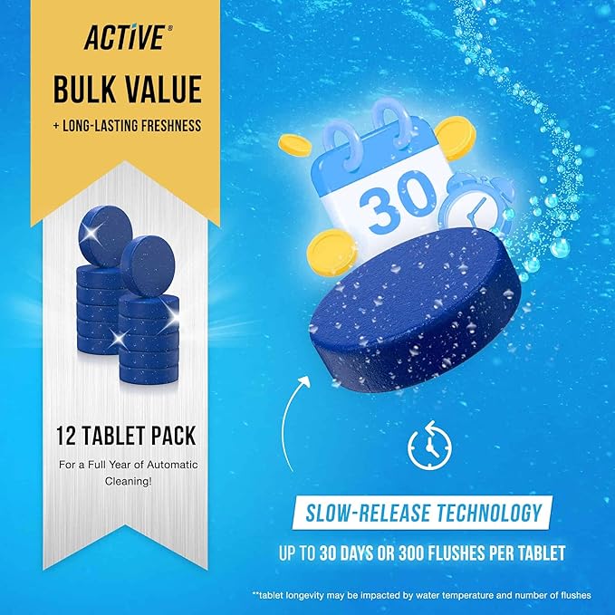 ACTIVE Automatic Toilet Bowl Cleaner Tablets Blue Gel Toilet Tank Cleaners, Septic-Safe Hard Water Ring Stain Remover, Smell Eliminator Heavy Duty Toilet Cleaning & Deodorizer, Fresh Scent - 12 Tabs