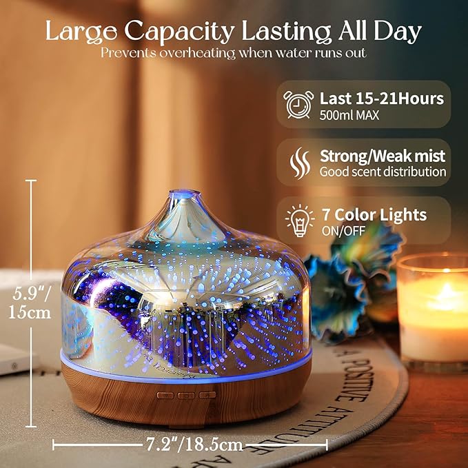Porseme 500ml Glass Essential Oil Diffuser Aromatherapy Ultrasonic Cool Mist Humidifier 15-21 Running Hours Diffusers with Remote Control for Sleeping Yoga Office Working Spa and Rest