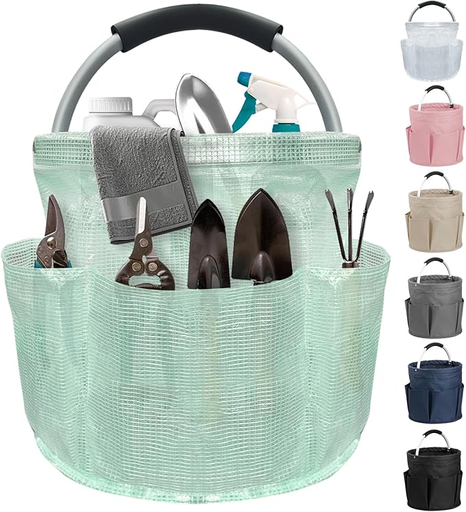 17L Cleaning Caddy for Cleaning Supplies, Foldable Tool Bucket Organizer with 6 Side Pockets, Portable Garden Tool Bag in PVC Resin, Folding Storage Basket for Camping, Gardening, Green