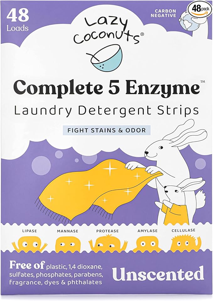 Lazy Coconuts Complete 5 Enzyme Laundry Detergent Strips - Unscented, 48 Loads - Sulfate Free Laundry Detergent With Solid And Liquid Enzymes - Fights Natural Stains and Odor