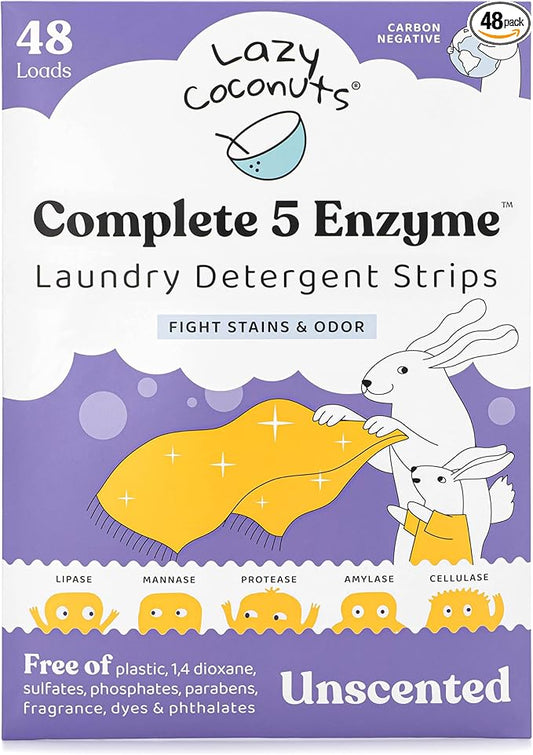 Lazy Coconuts Complete 5 Enzyme Laundry Detergent Strips - Unscented, 48 Loads - Sulfate Free Laundry Detergent With Solid And Liquid Enzymes - Fights Natural Stains and Odor