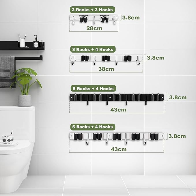 Black 5 Racks and 4 Hooks Mop and Broom Holder Wall Mount, Broom Organizer Storage Tool Racks Stainless Steel Heavy Duty Hooks Self Adhesive Solid Non-slip for Home Kitchen Garden Laundry Garage