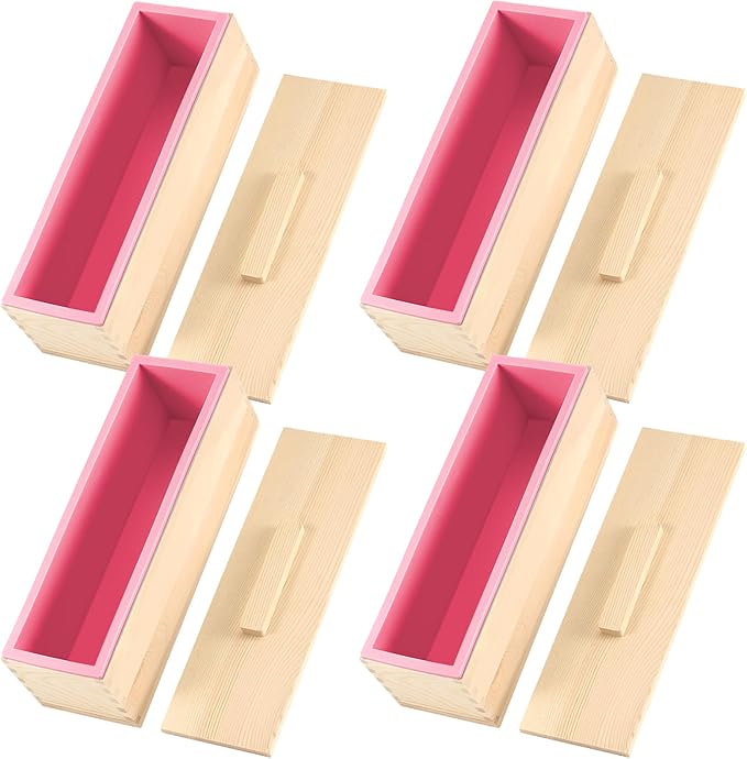 ZOENHOU 4 PCS 42 oz Pink Soap Molds with 4 Wooden Lids, Flexible Rectangular Silicone Soap Making Molds Kit with Wood Box DIY Tool Set for Soap Making Supplies