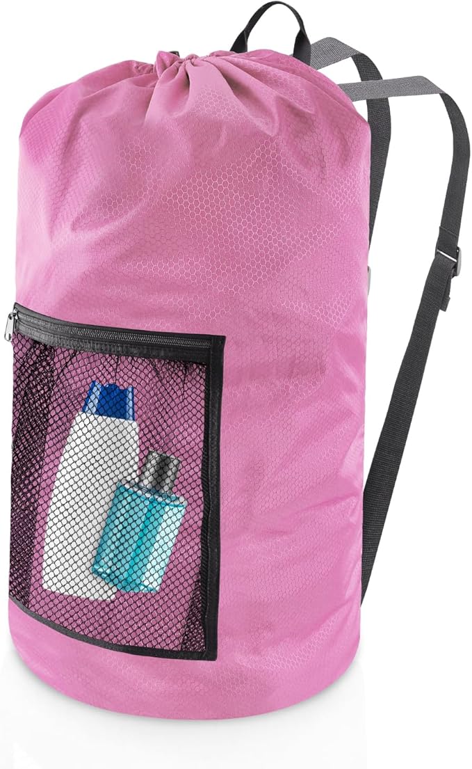 Laundry Bag Backpack, Extra Large Travel Laundry Bag with Mesh Pocket & Adjustable Shoulder Straps,Dirty Clothes Travel Bag for College Students Dorm,Apartment(Pink)