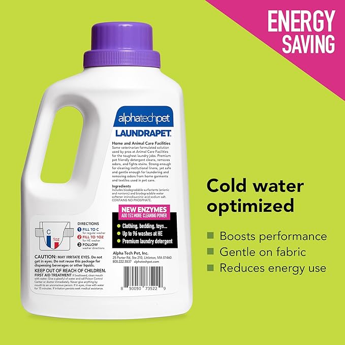 LaundraPet 3X Strength Premium Laundry Detergent with Enzyme Cleaner - 64 Oz (96 Washes) Pet Stain and Odor Eliminator, Enzymatic Detergent by Alpha Tech Pet