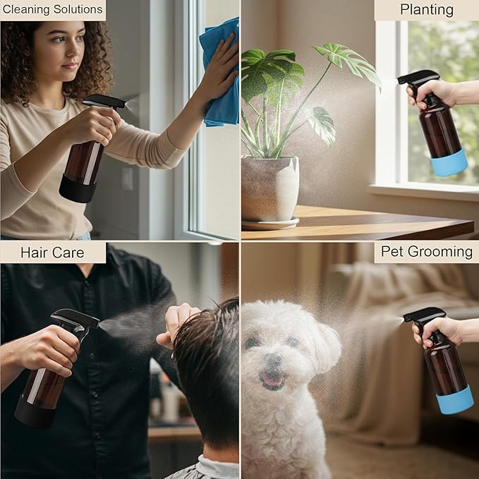 Glass Spray Bottles with Silicone Sleeve 16.9oz 2 Pack Empty Spray Bottle for Hair Mist/Stream Spraying for Cleaning Solutions, Plants, Essential Oils (Brown-sblue&black)