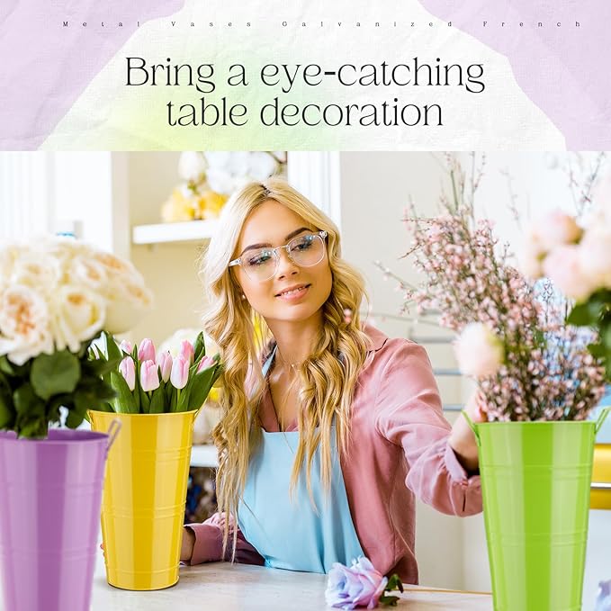 Zhehao 12 PCS 12 Inch Galvanized Metal Vase with Handles Bulk Tin Flower Buckets Galvanized Vases for Country Wedding Table Centerpieces Flower Buckets for Wedding Home (Green, Yellow, Purple, Rose)