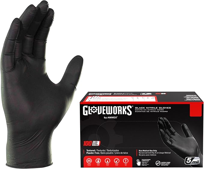 GLOVEWORKS Black Nitrile Gloves Disposable Latex Free, 5 Mil Industrial, For Mechanic, Cleaning, Cooking, Kitchen, Food Grade