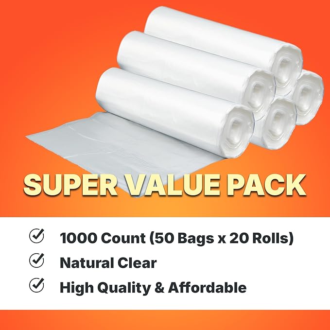 7-10 Gallon Trash Bags, 8 Micron High Density Garbage Can Liners Bulk, 24" x 24", Natural Clear, 1000 Count