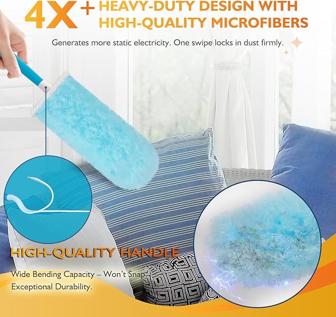 60ct 360° Heavy Duty Duster Refills Kit for Swiffer Duster, 4X Dust Capture Power with Microfiber, Disposable Feather Dusters for Cleaning Ceiling Fan, Cobweb, Car,1 Extended &1 Short Handle