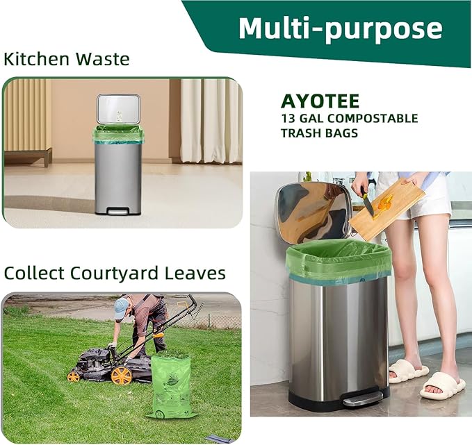 13 Gallon,50 Count, Compostable Trash Bags with Drawstring,Tear Resistant Kitchen Food Scrap Waste Bag, ASTM D6400, US BPI and Europe OK Compost Home Certified