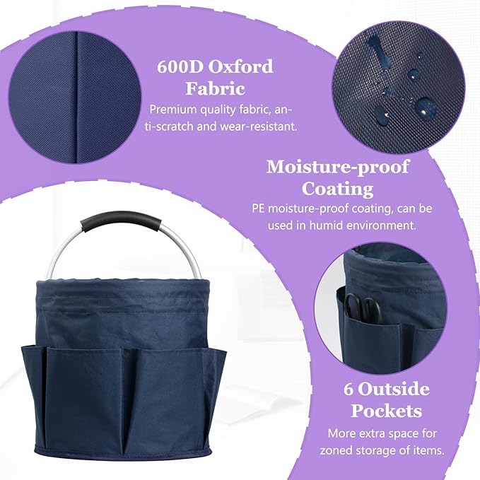 17L Cleaning Caddy for Cleaning Supplies, 2Pieces Portable Garden Tool Bag with 6 Pockets, Foldable Tool Bucket Organizer, Storage Basket for Bathroom, Garden, Dark Gray + Navy Blue