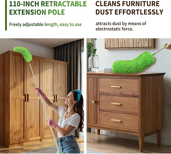 Cobweb Duster with Extension Pole, Washable Cleaning Duster Set with 2 Duster Heads, Corner Brush, 15-110-Inch Telescoping Pole for high Ceiling Fans, Long Duster for high Ceilings，Reach Duster