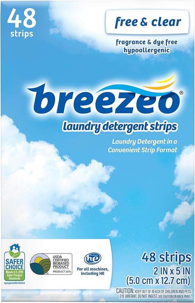 Breezeo Laundry Detergent Strips (48 strips) – Free & Clear - More Convenient than Pods, Pacs, Liquids or Powders – Great for Home, Dorm, Travel, Camping & Hand-Washing
