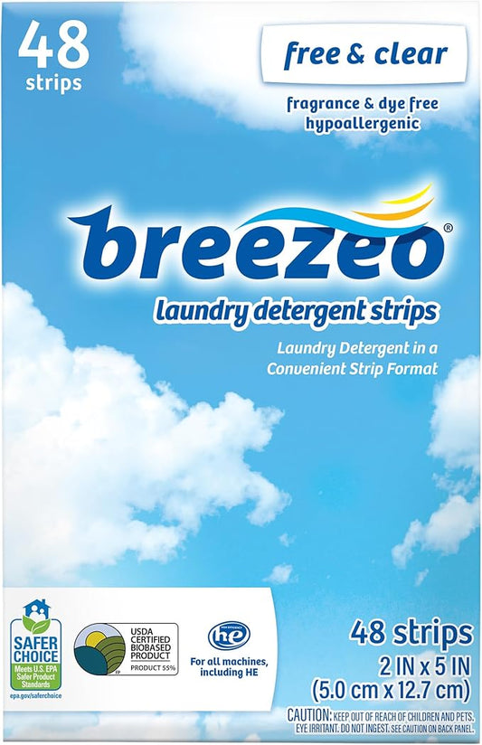 Breezeo Laundry Detergent Strips (48 strips) – Free & Clear - More Convenient than Pods, Pacs, Liquids or Powders – Great for Home, Dorm, Travel, Camping & Hand-Washing