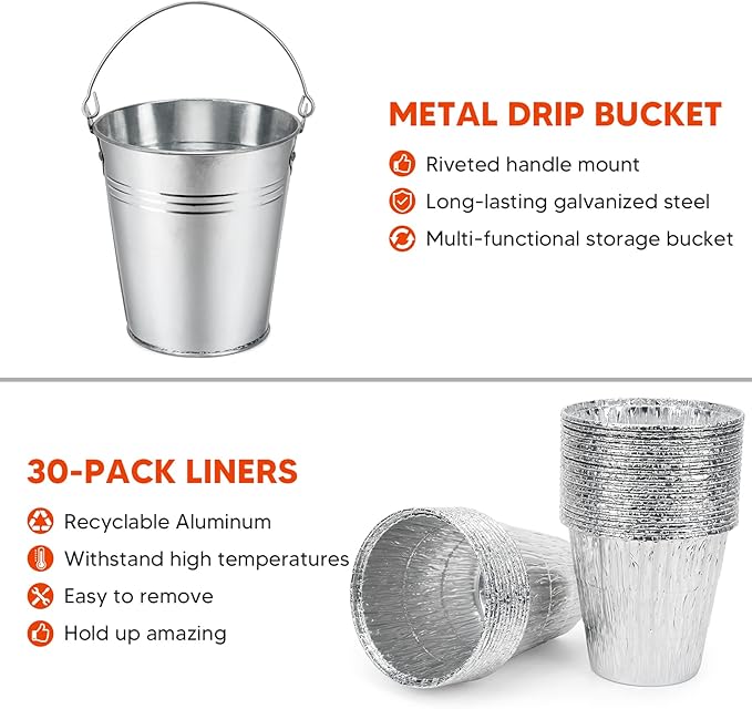 Stanbroil Grill Grease Bucket Replacement with 30-Pack Bucket Liners for Traeger 20/22/34 Series, Pit Boss, Camp Chef, Louisiana, etc Pellet Grill/Smoker, Silver