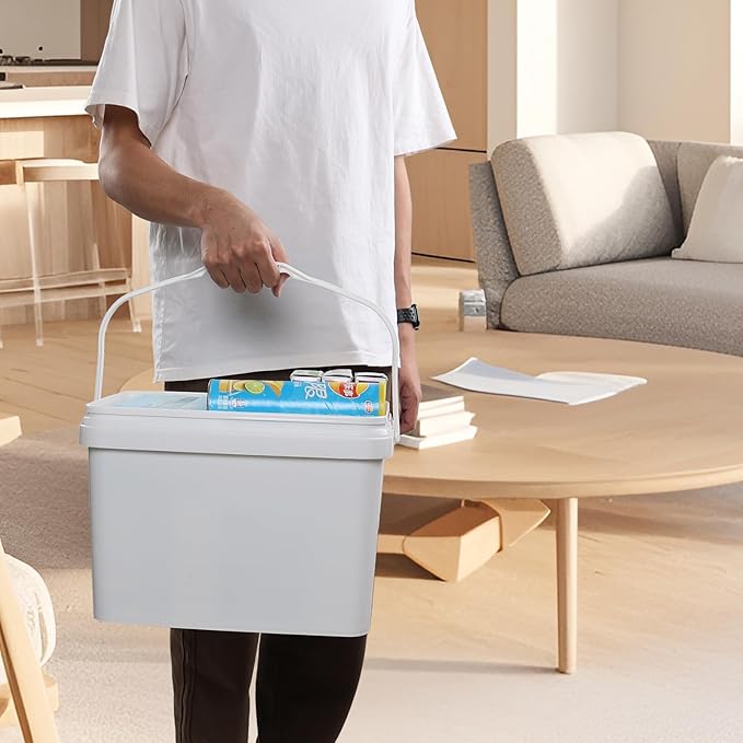 Readsky 5.2 Gallon Plastic White Rectangular Food Bucket with Lid, Small Rectangular Plastic Storge Bucket with Handle, 4 Packs