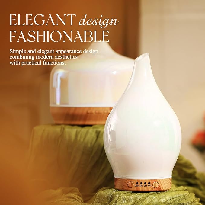 Porseme 150ml Essential Oil Diffuser Glass Color Changing Aroma Air Diffusers Aromatherapy Ultrasonic Cool Mist Humidifier 6 Running Hours Waterless Auto-Off for Sleeping Yoga Office Spa (White Jade)