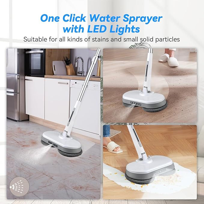 Cordless Electric Mop, Dual Motor Powerful Spin Mop 2600 mAh, Floor Polisher,1H Rechargeable Power Mops with LED Light/Water Sprayer, Electric Mops for Floor Cleaning for Hardwood, Tile, Rotate 180°