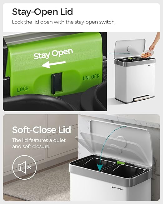 SONGMICS Kitchen Trash Can, 16 Gallon (2 x 8 Gallon) Dual Compartment Garbage Can, 60L Pedal Recycling Bin, Stays Open and Soft Close, Stainless Steel, 15 Bags Included, Cloud White ULTB202W01