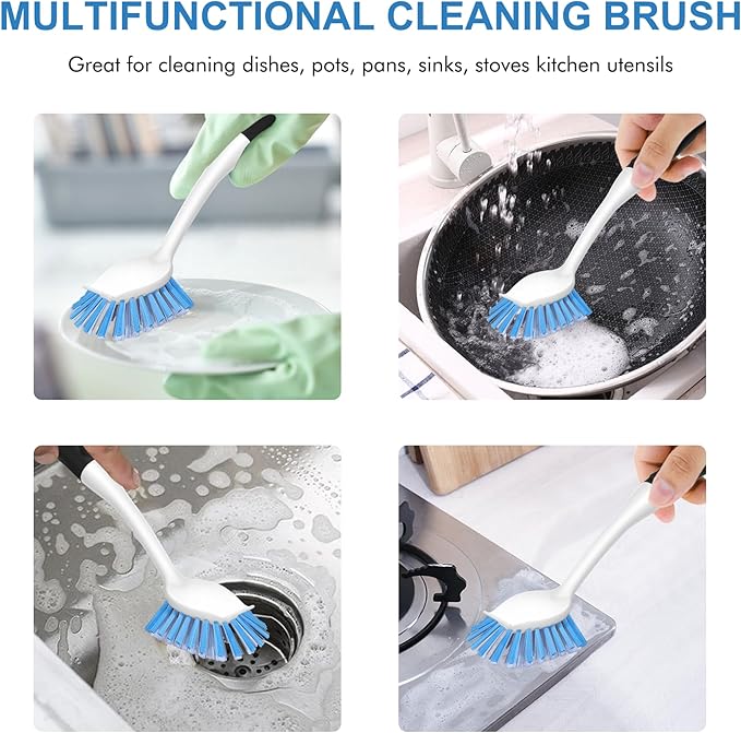 SetSail Dish Brush with Handle, 2 Pack Stiff Bristles Dish Scrubber with Built-in Scraper Dish Scrub Brushes for Cleaning Dishes, Pots and Pans, Kitchen Sink