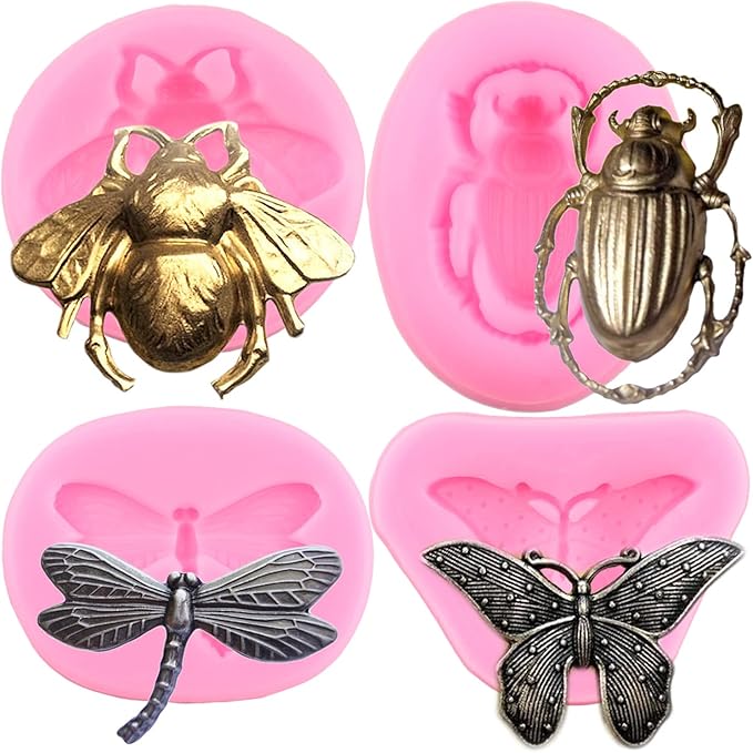 ZiXiang Insect Silicone Mold Bumble Bee Fondant Molds Butterfly Dragonfly Beetle Candy Molds for Chocolate Sugar Craft Cake Decorating Tools Set Of 4