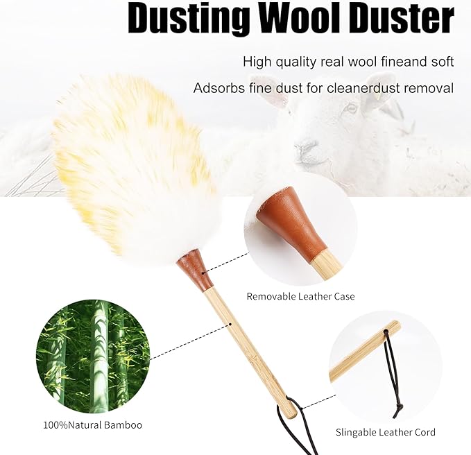 Lambswool Duster 16 inch with Bamboo Handle Soft Natural Wool Feather Dusters for Cleaning Office Home Car etc