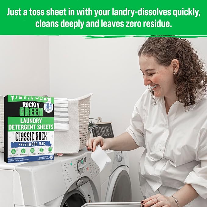 Rockin' Green Travel Laundry Detergent Sheets - Mess-Free Laundry Sheets Detergent Powerful Cleaning with Sodium Bicarbonate - Easily Dissolvable Laundry Soap Sheet (104 Loads, Freshwood Mac)
