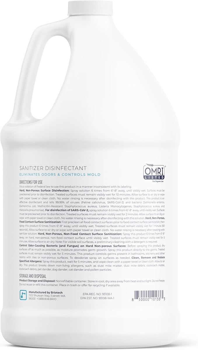BRIOTECH Sanitizer Disinfectant Hypochlorous, Kill 99.99% of Viruses & Bacteria, Control Mold, Eliminate Odor, Gentle for Nursery & Play Rooms, Food Contact Surface Sanitizer, 1 Gallon Refill