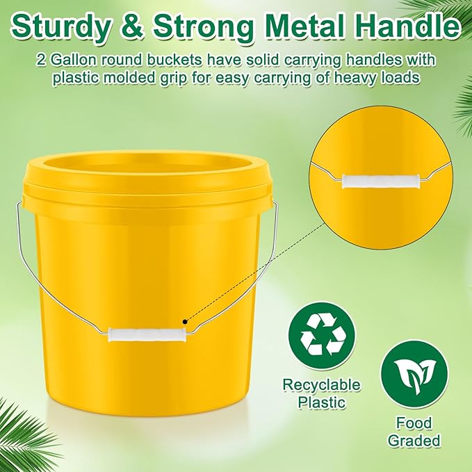 Tioncy 10 Pcs 2 Gallon Plastic Bucket with Lid Heavy Duty 2 Gallon Bucket Pail with Lid Handle for Storage Container Home Household Cleaning (Yellow)