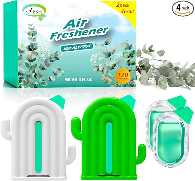 Air Freshener for Home, 2 Pack, 2 Refill, Eucalyptus Scent, Odor Eliminator, Up to 120 Days, Cactus-shaped Freshener for Closet Bathroom, Cute Home Decor, White and Green