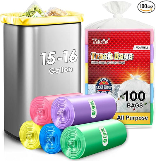 Colorful Clear Strong Tall Kitchen Trash Bags 15-16 Gallon 100 Counts,Fit 13,15,16,18 Gal,Garbage Bags by Teivio, Bin Liners, Plastic Bags for home Office Bathroom,Multicolor