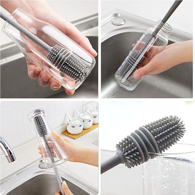Bottle Cleaning Brush Set, Long Handle Silicone Cleaner Brushes + Lid Cup Brush +1pcs Scratch Free Silicone Bottle Cleaner and Bristle Wire Straw Cleaner, Dishwasher Safe(Gray)