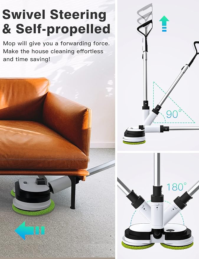 Cordless Electric Mop, Floor Cleaner with LED Headlight & Water Sprayer, Up to 60 Mins Detachable Battery, Dual-Motor Powerful Spin Mop, 300ML Water Tank for Multi-Surface, Self-Propelled