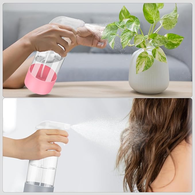 2 Pack Glass Spray Bottles with Silicone Sleeve, 16 oz Empty Refillable Containers with Adjustable Spray Nozzles, Spray Bottles for Hair, Cleaning Solutions and Plants Pink&Grey