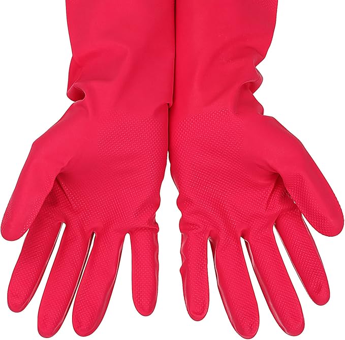 3 Pairs Rubber Cleaning Gloves Latex Free Dishwashing Gloves - 13" Reusable Nitrile Gloves Large, Orange+Pink+Red