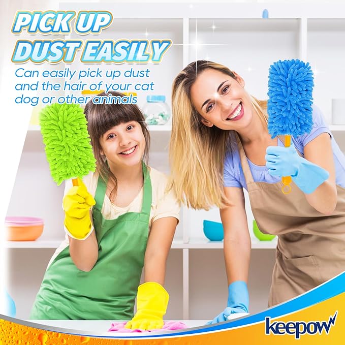 KEEPOW Reusable Duster Refill Compatible with Swiffer Duster Refills, Microfiber Dusters for Cleaning, 4 Color Blue Yellow Orange Green 360° Heavy Duty Duster Refills, 4 Pack(Handle is Not Included)